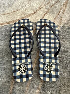 Tory Burch Navy & Cream Gingham Logo Flip Flops